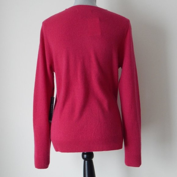TAHARI 2-PLY 100% Cashmere V-Neck Pullover Sweater Raspberry  Women’s Large NWT - Picture 4 of 6